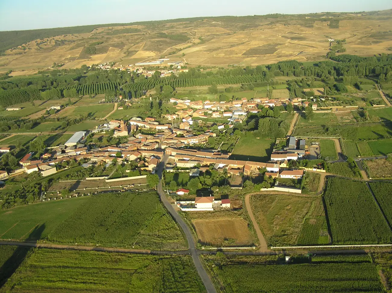 Vista aérea de San Cipriano del Condado (León): el caserío de tejados rojos rodeado de huertas y choperas verdes y, al fondo, una ladera de monte bajo y rastrojo seco.