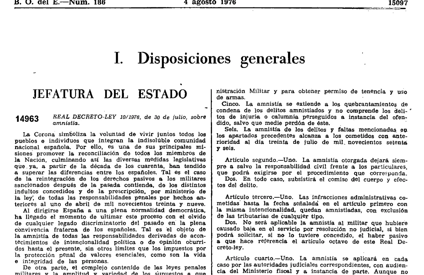 Página del Boletín Oficial del Estado número 186, de 4 de agosto de 1976, con el encabezado «I. Disposiciones generales», la sección «Jefatura del Estado» y el texto del Real Decreto-ley 10/1976, de 30 de julio, sobre amnistía.