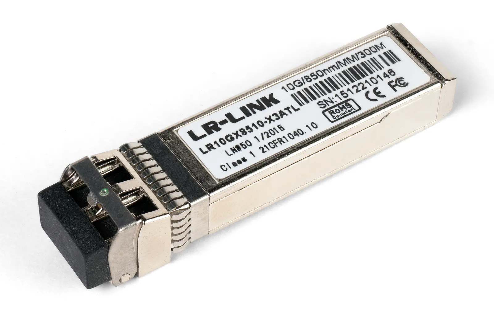 Transceptor óptico enchufable de formato SFP+ sobre fondo blanco: una pieza metálica alargada con etiqueta blanca, marca LR-Link y la inscripción 10G/850nm/MM/300M, con dos alojamientos para conectores de fibra óptica en un extremo