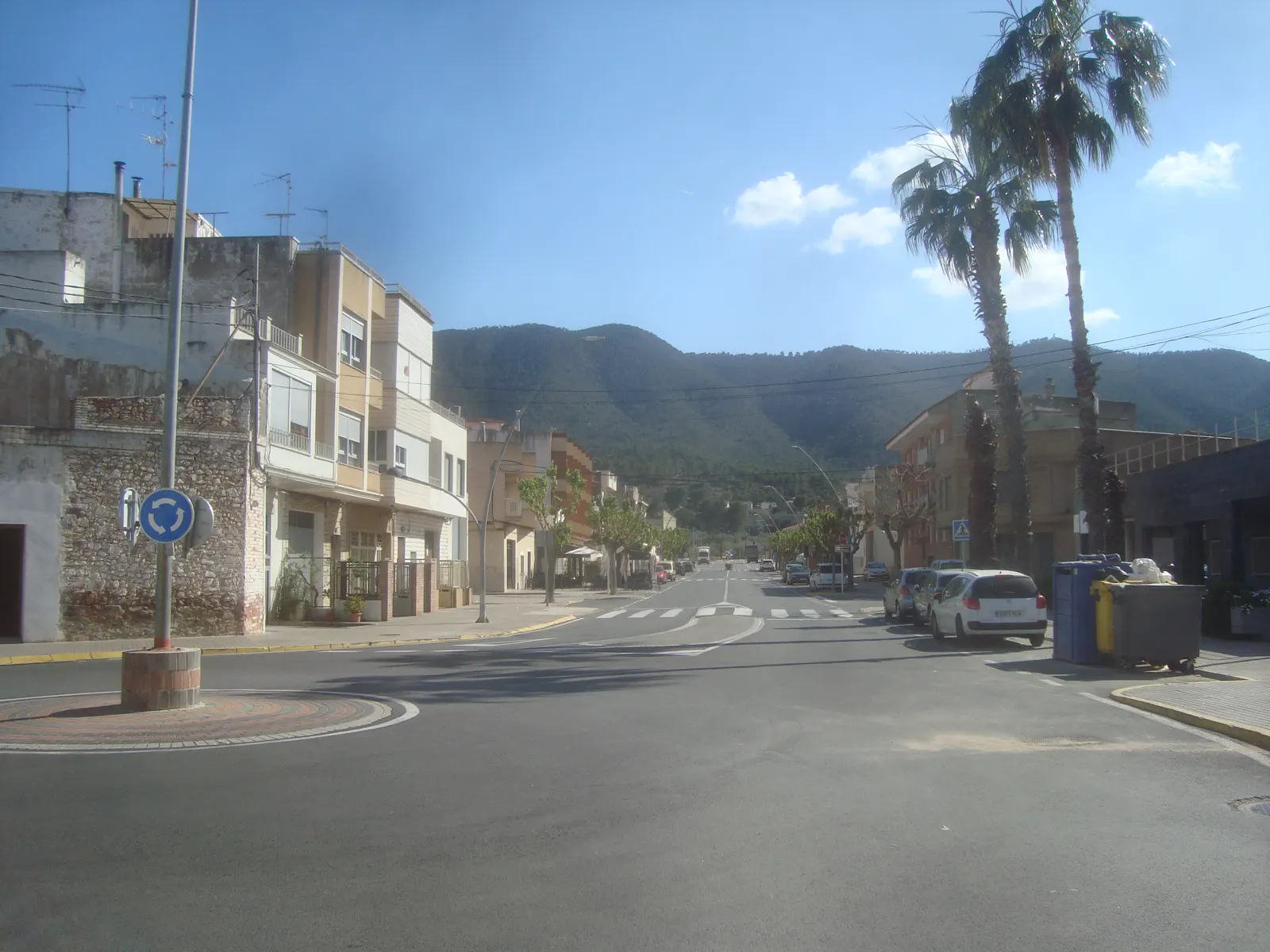 Avenida de Artana (Castellón) con casas bajas, palmeras y coches aparcados; al fondo, cerrando la calle, la ladera boscosa de la Serra d'Espadà.