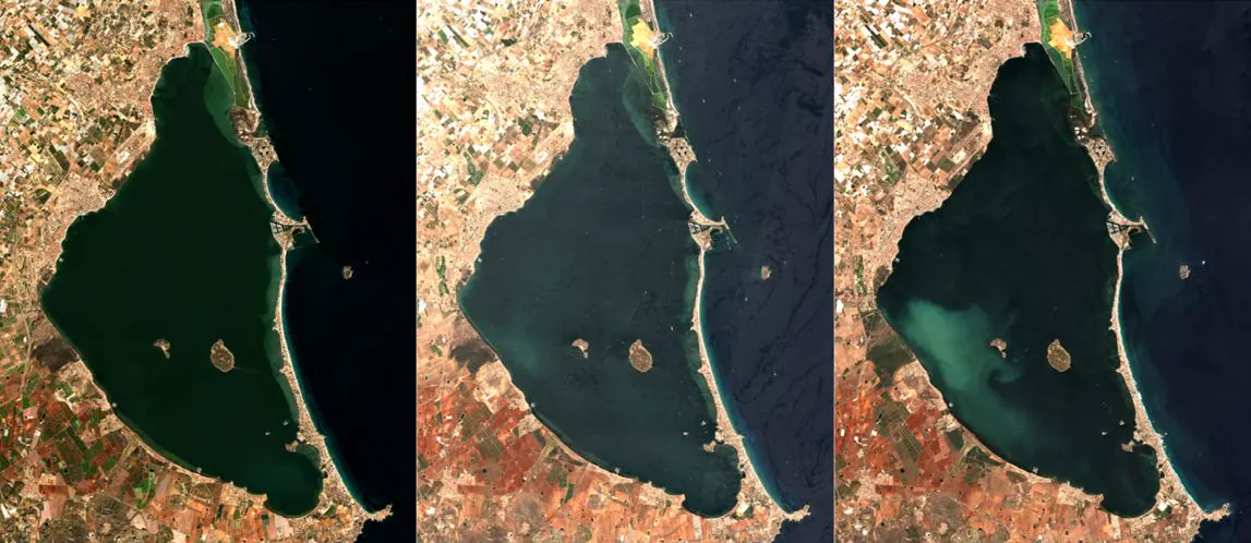 Tres imágenes de satélite del Mar Menor en secuencia: en la última, una gran mancha blanquecina cubre el sector suroccidental de la laguna