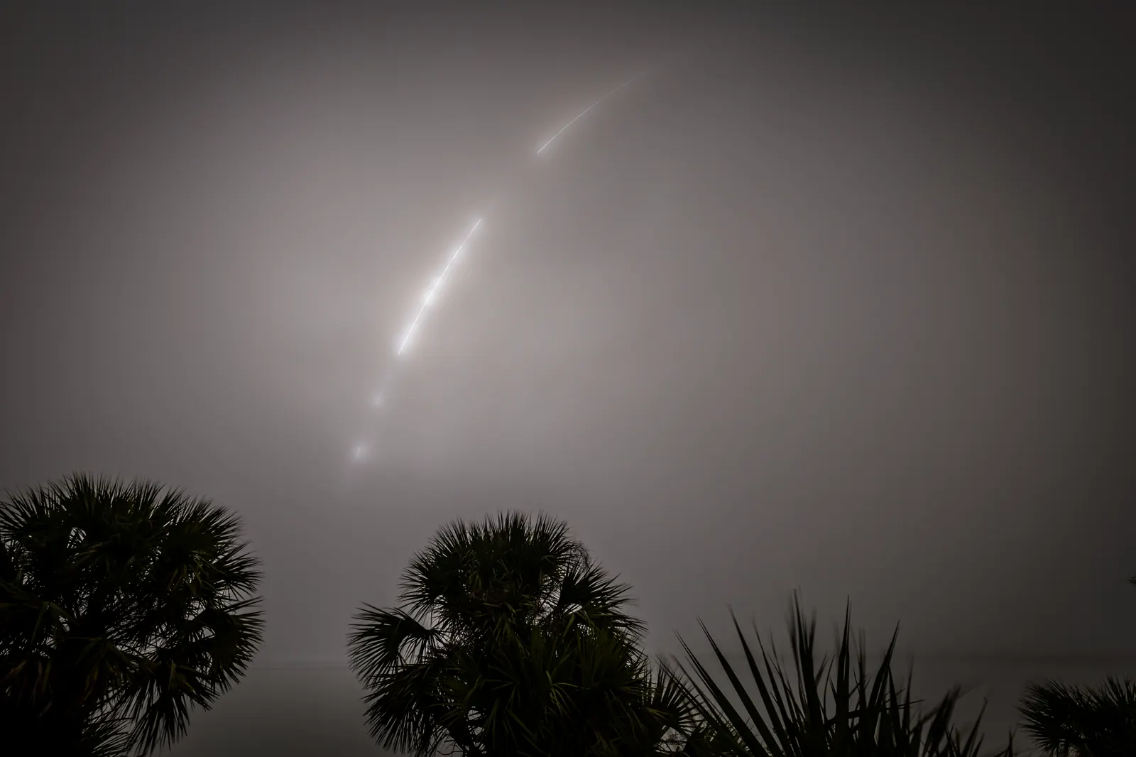 Estela luminosa de un cohete ascendiendo entre la niebla en un cielo nocturno, con siluetas de palmeras recortadas en primer plano.
