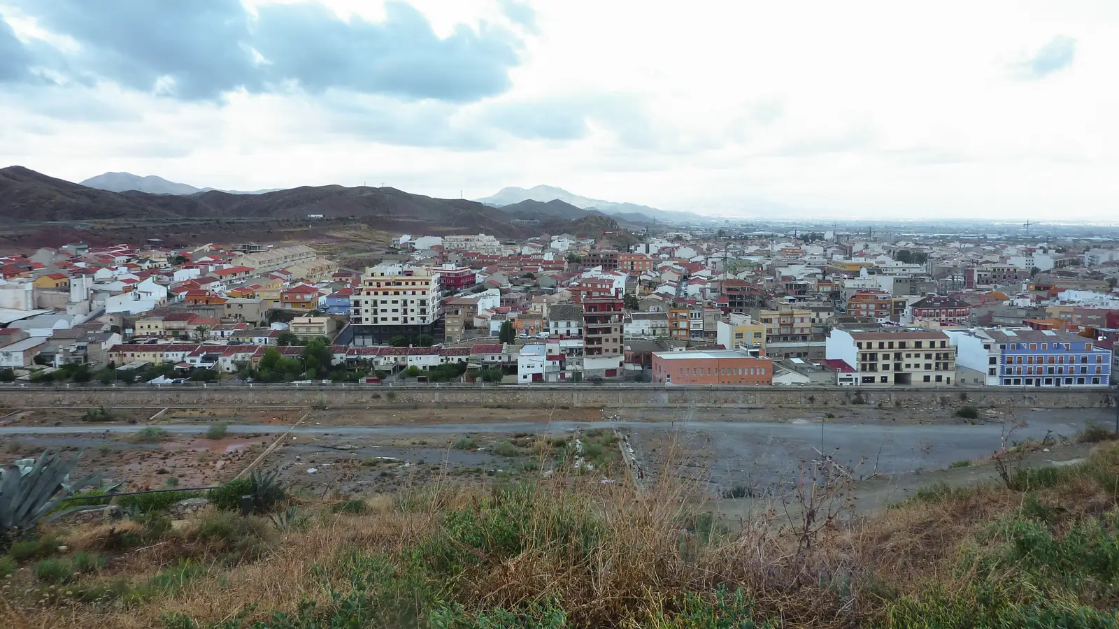 Vista general del casco urbano de Puerto Lumbreras desde un altozano, con casas de tejados rojos, bloques de viviendas y montañas áridas al fondo bajo un cielo nublado
