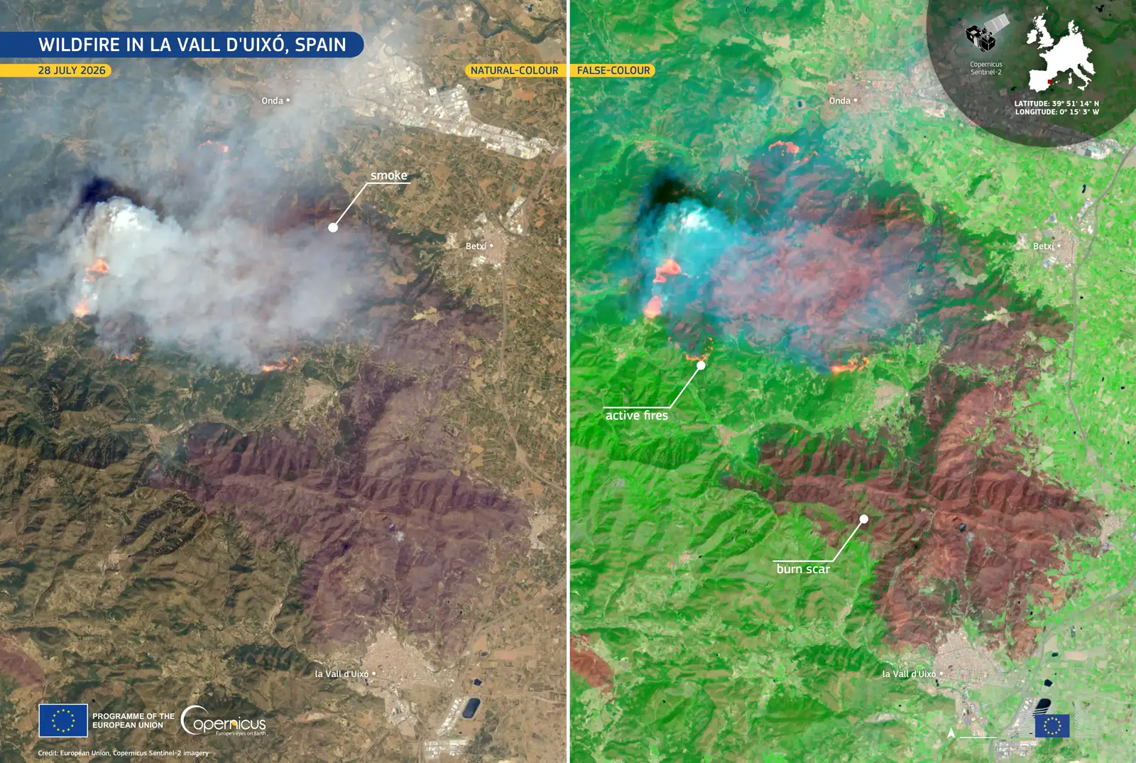 Doble imagen de satélite de la misma zona de Castellón. A la izquierda, en color natural, una gran columna de humo blanco cubre un terreno pardo con los núcleos de Onda, Betxí y la Vall d'Uixó rotulados. A la derecha, en falso color, el mismo terreno aparece verde intenso y la superficie quemada se dibuja como una gran mancha marrón rojiza con focos activos naranjas.