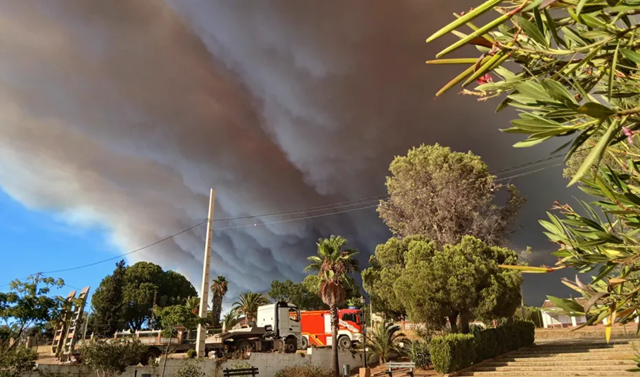 Columna de humo pardo que cubre todo el cielo sobre un caserío de la campiña onubense; en primer plano, un camión de bomberos rojo estacionado junto a palmeras, olivos y adelfas en flor.