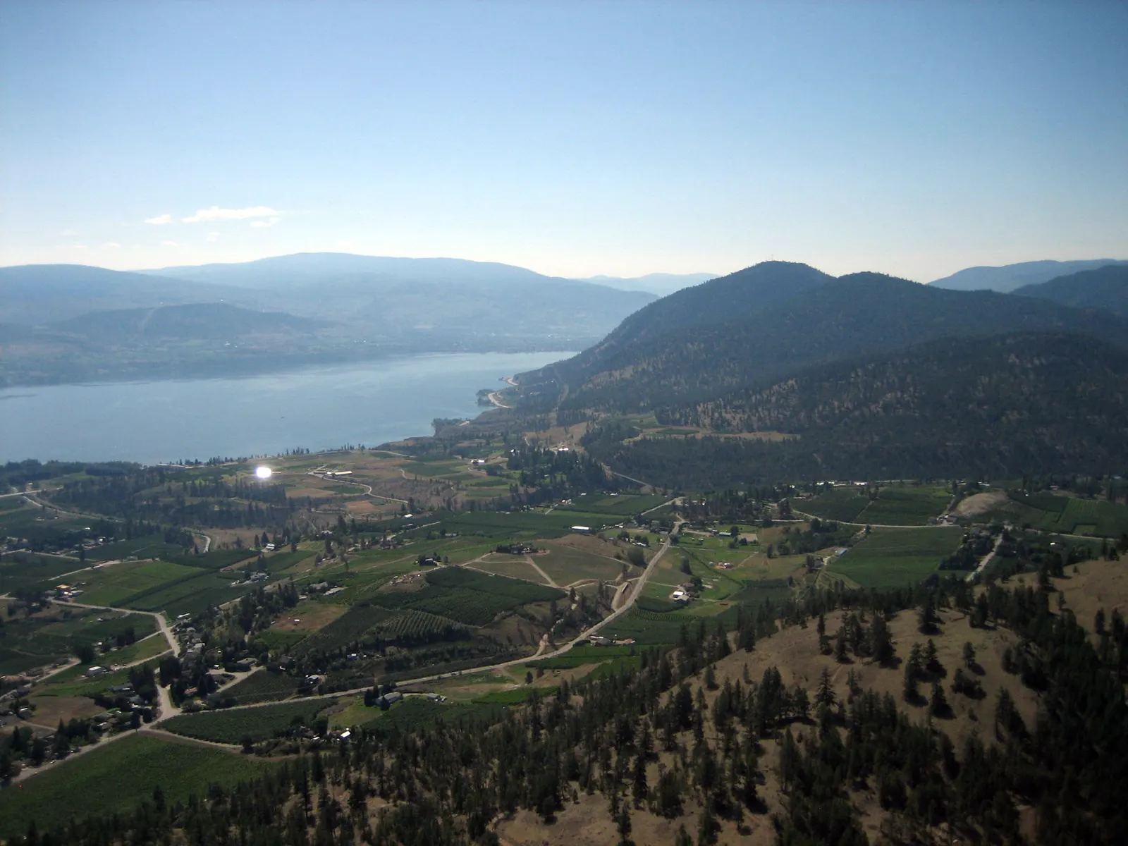 Vista aérea del valle de Okanagan desde el cerro Giants Head: el lago Okanagan a la izquierda, una llanura de huertos y viñedos con casas dispersas en el centro y laderas cubiertas de pinar a la derecha.