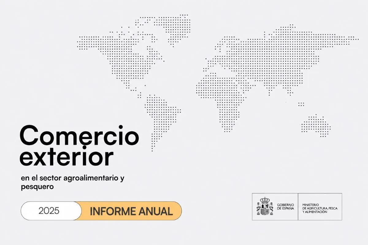 Portada del informe: un mapamundi de puntos negros sobre fondo gris claro y el título «Comercio exterior en el sector agroalimentario y pesquero», con la etiqueta «2025 Informe anual» y el logotipo del Ministerio de Agricultura, Pesca y Alimentación.