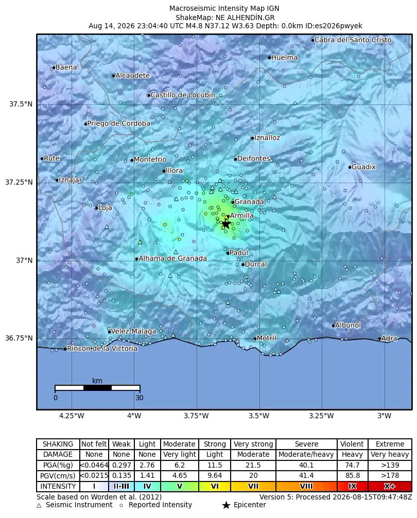 Mapa de intensidad macrosísmica del IGN centrado en la Vega de Granada: una mancha verde de sacudida moderada alrededor de una estrella negra que marca el epicentro junto a Armilla, con los nombres de Granada, Loja, Guadix y Motril sobre el relieve, y una tabla de equivalencias entre intensidad, sacudida y daño.