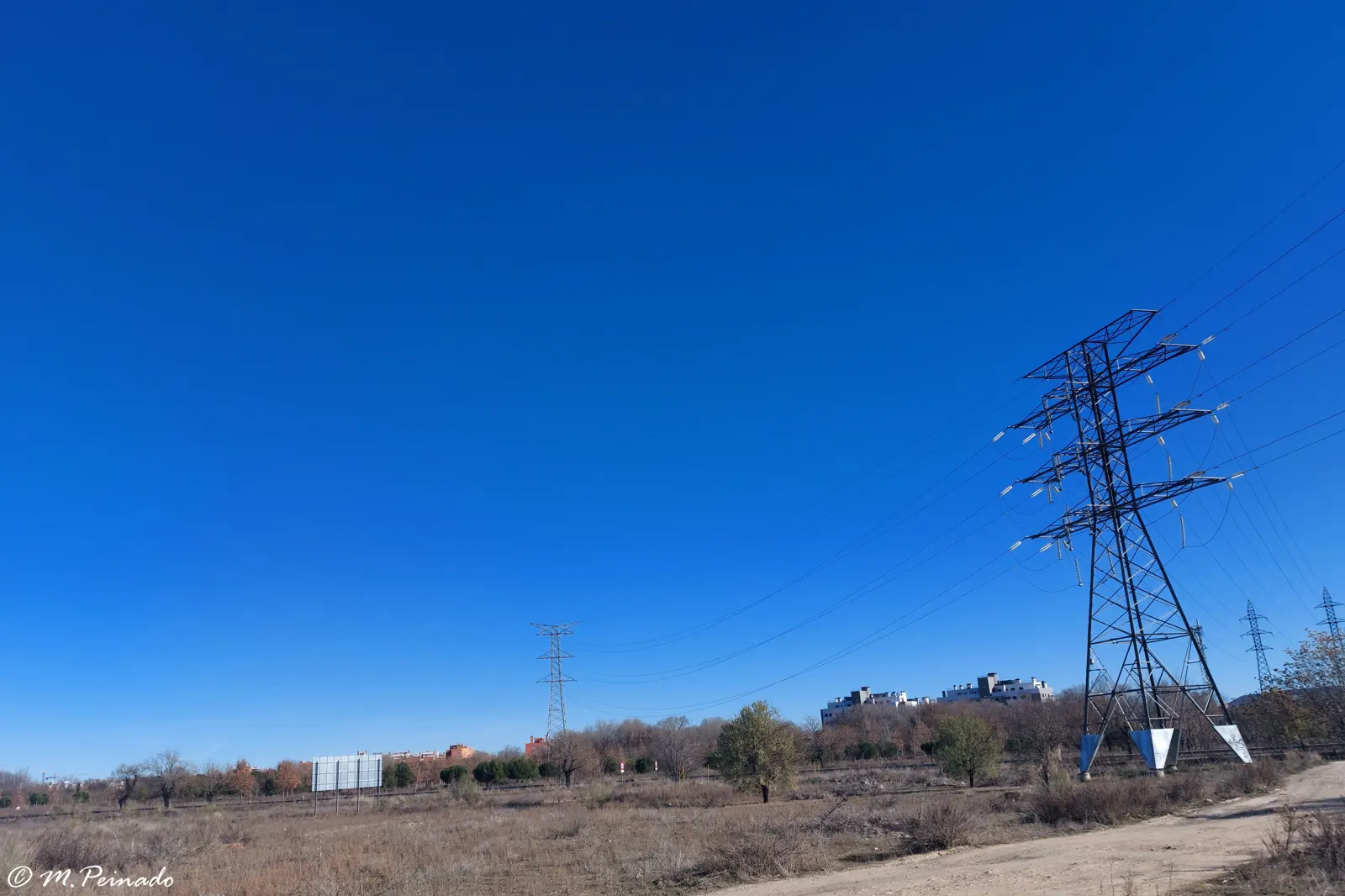 Dos torres metálicas de alta tensión con sus cables cruzando un cielo azul despejado sobre un descampado con arbustos secos y, al fondo, bloques de viviendas