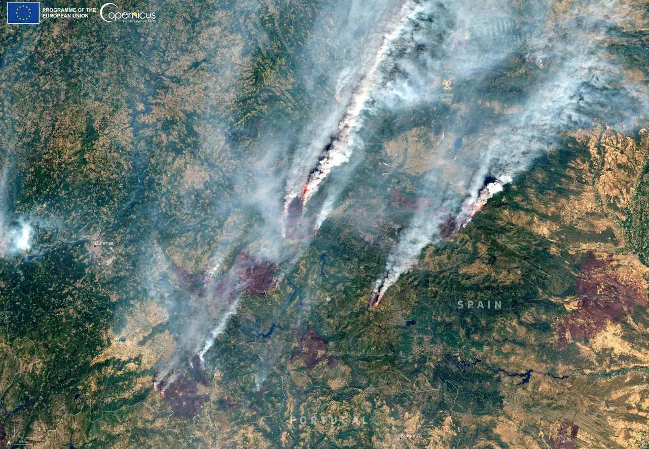 Imagen de satélite del noroeste peninsular: sobre un mosaico verde y ocre de montaña avanzan cuatro frentes de fuego con la línea de llamas visible en rojo, de los que salen columnas de humo blanco y gris que se estiran hacia el noreste; alrededor de los frentes se ven manchas oscuras de terreno ya quemado. En el mapa aparecen rotuladas Ourense, España, Portugal y Bragança, y en la esquina superior izquierda el logotipo de la Unión Europea y de Copernicus.