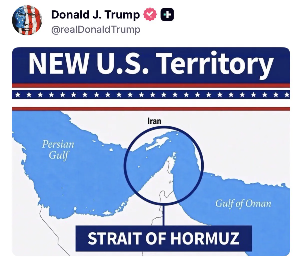 Captura de una publicación de Donald Trump con un cartel azul, blanco y rojo que reza «NEW U.S. Territory» sobre un mapa del golfo Pérsico y el golfo de Omán; un círculo negro señala el paso entre Irán y la península de Musandam bajo la etiqueta «STRAIT OF HORMUZ».
