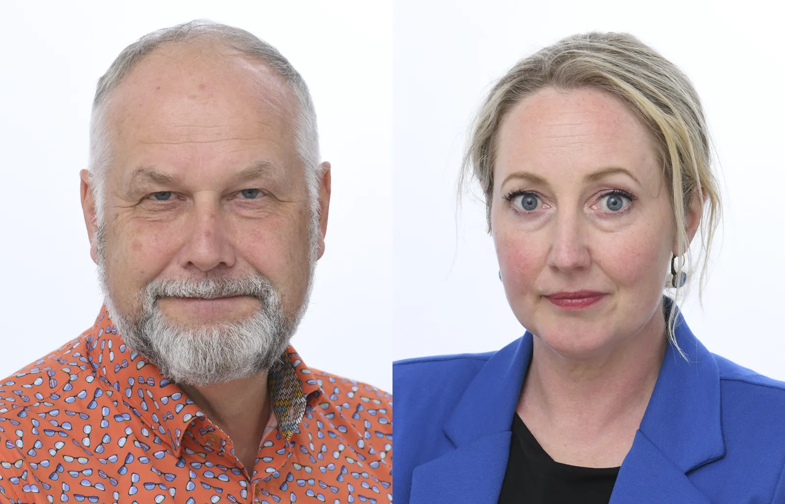 Retratos oficiales de los eurodiputados suecos Jonas Sjöstedt, con camisa naranja, y Hanna Gedin, con chaqueta azul, sobre fondo blanco