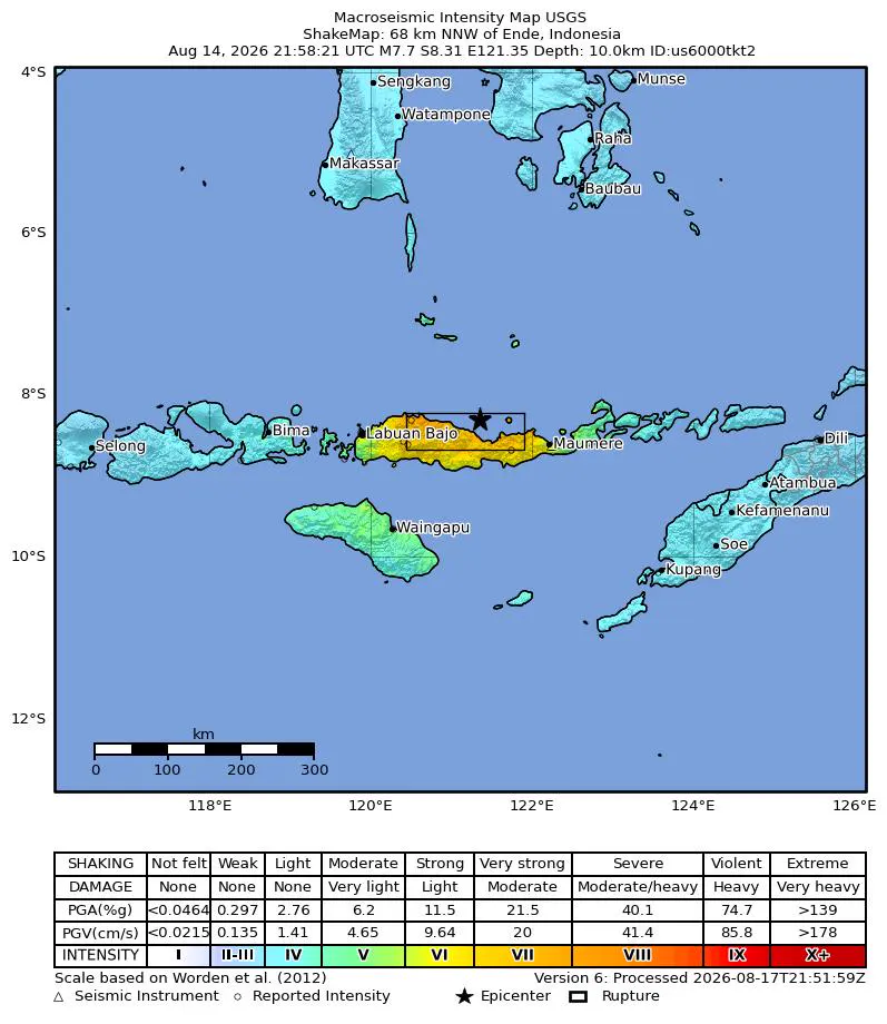 Mapa de intensidad macrosísmica del USGS centrado en el mar de Flores. Una franja naranja e intensa recorre el norte de la isla de Flores, entre Labuan Bajo y Maumere, con una estrella negra que marca el epicentro al norte de la costa; el color se degrada a verde y azul hacia Sumbawa, Sumba y Timor. Bajo el mapa, una tabla de colores relaciona cada nivel de intensidad, del I al X+, con la aceleración del suelo y el daño esperado.