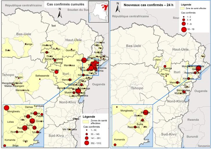 Dos mapas del este de la RD del Congo, uno con los casos acumulados y otro con los de las últimas 24 horas; las zonas de salud afectadas aparecen en amarillo y los casos como círculos rojos de tamaño creciente, concentrados alrededor de Bunia, en Ituri