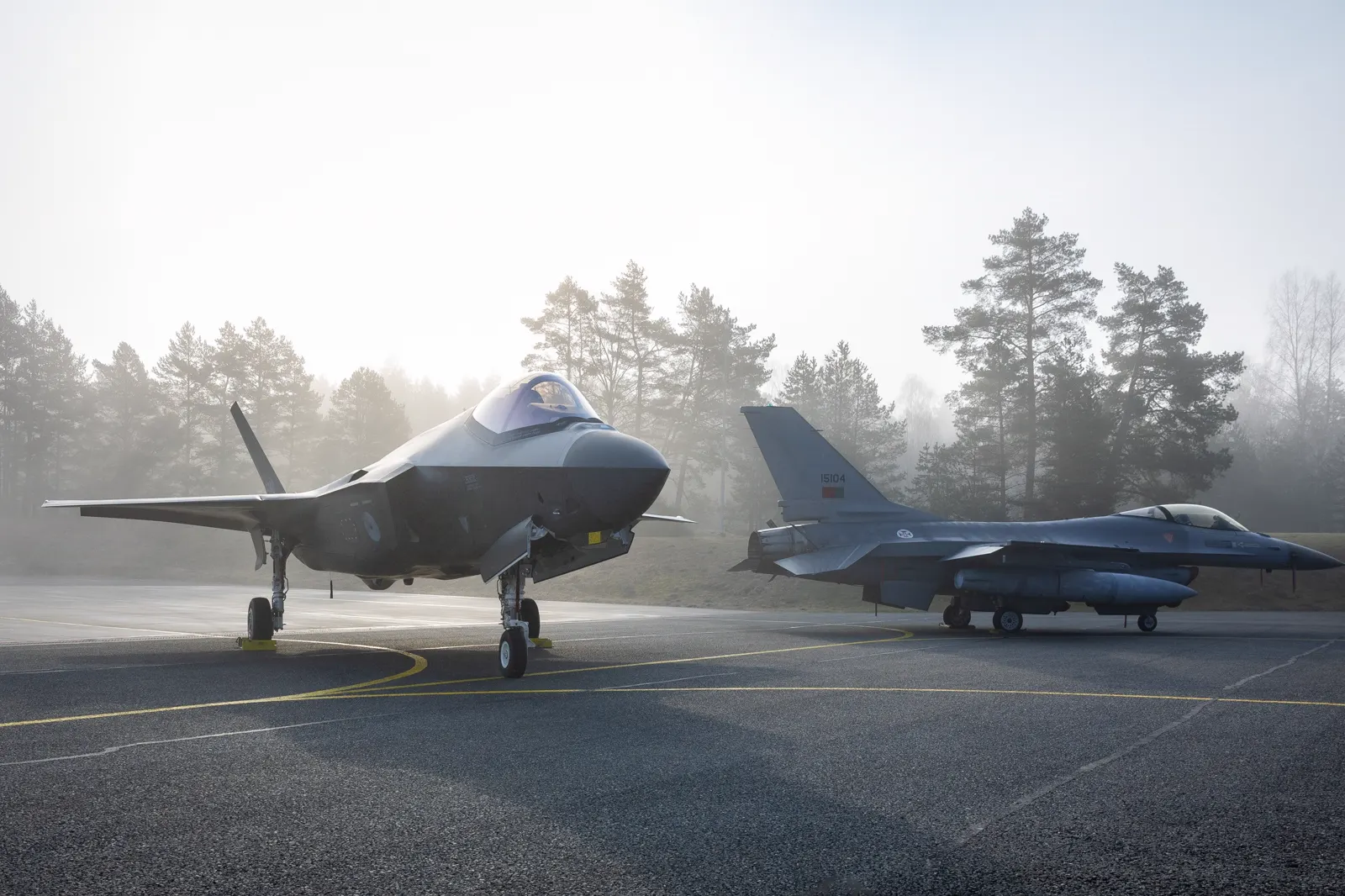Un caza F-35 gris y, detrás, un F-16 aparcados sobre el asfalto de una base aérea rodeada de pinos, en una mañana de niebla