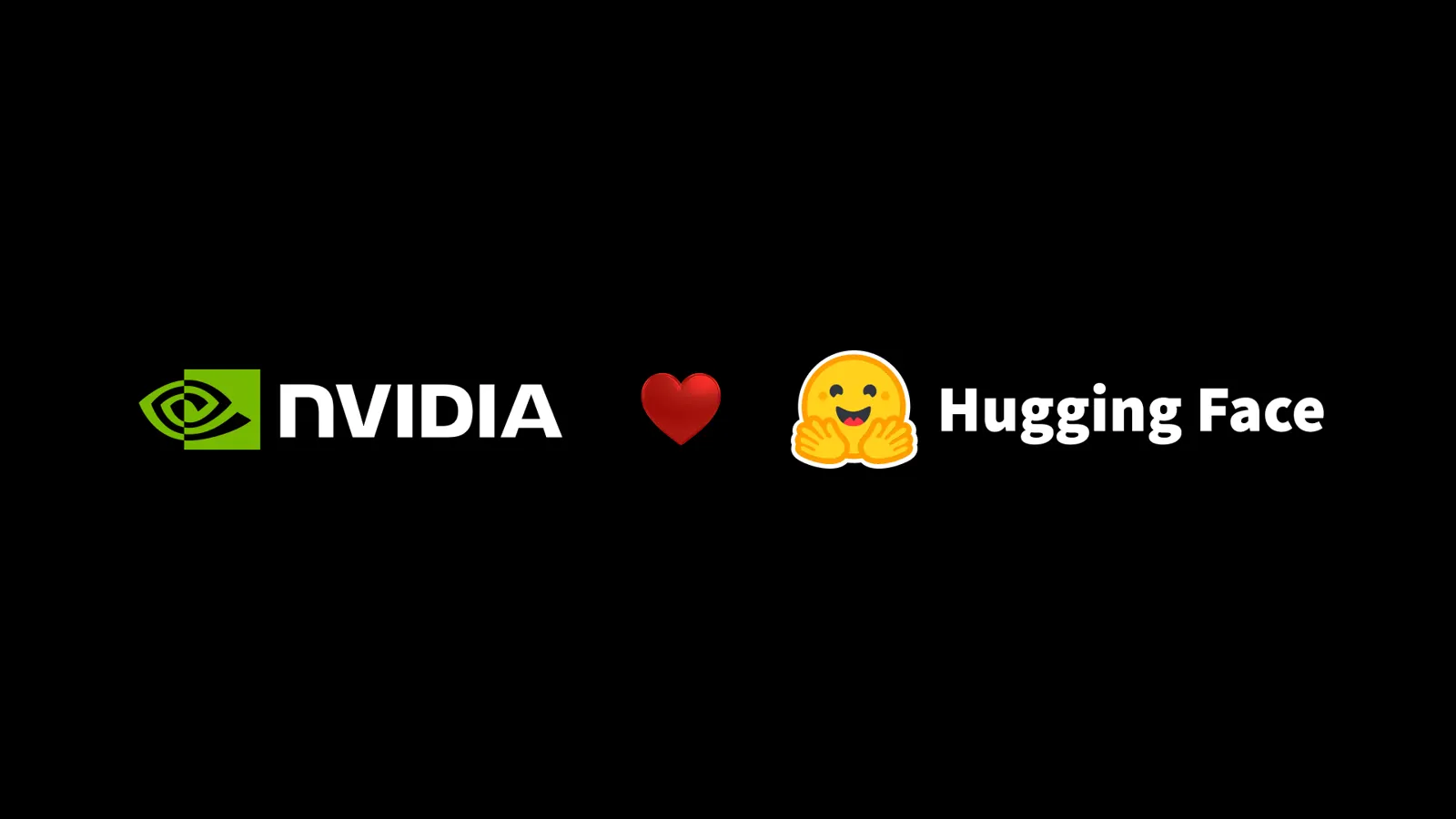 Sobre fondo negro, el logotipo de Nvidia, un corazón rojo y el logotipo de Hugging Face, una cara amarilla sonriente con dos manos abiertas