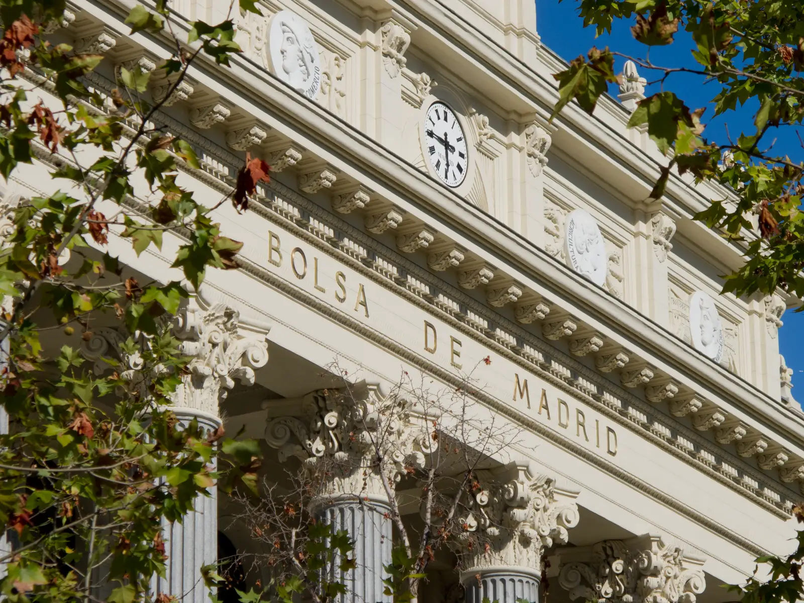 Fachada del Palacio de la Bolsa de Madrid vista en escorzo desde abajo, entre las ramas de un plátano de sombra: el friso de piedra clara con las letras doradas «BOLSA DE MADRID», un reloj redondo de esfera blanca sobre la cornisa, medallones con bustos y capiteles corintios recortados contra un cielo azul.