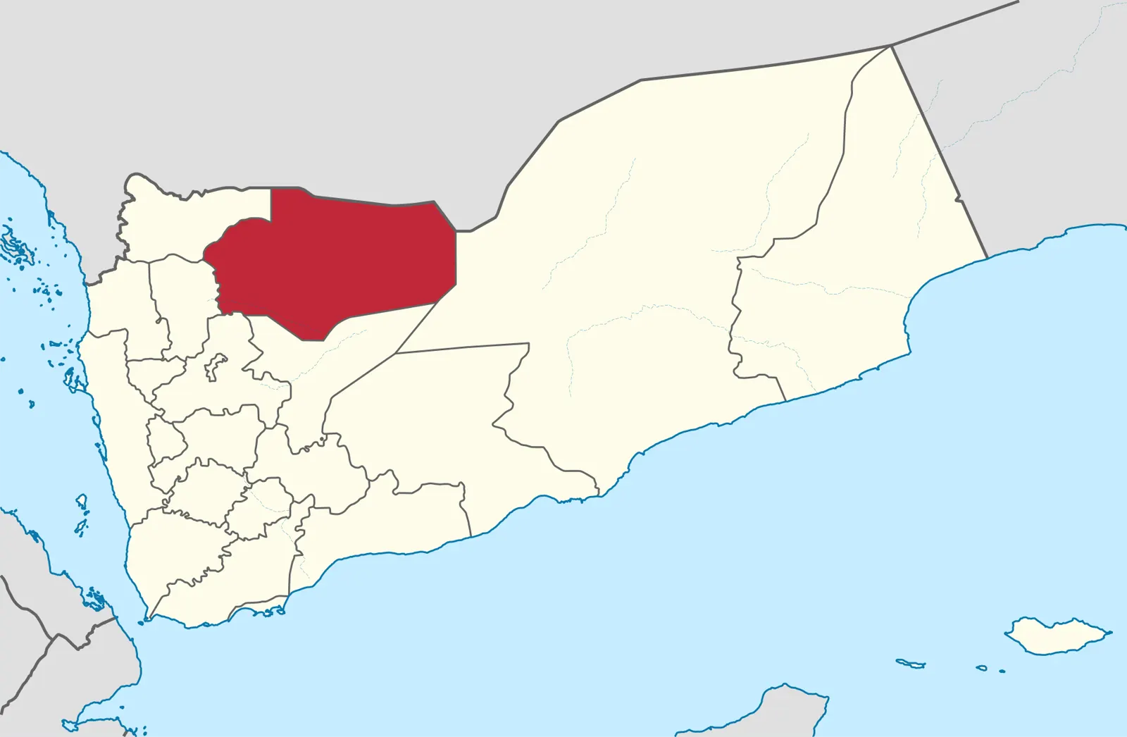 Mapa de Yemen con sus gobernaciones delimitadas; la de Al Jauf, en el norte y fronteriza con Arabia Saudí, aparece resaltada en rojo.