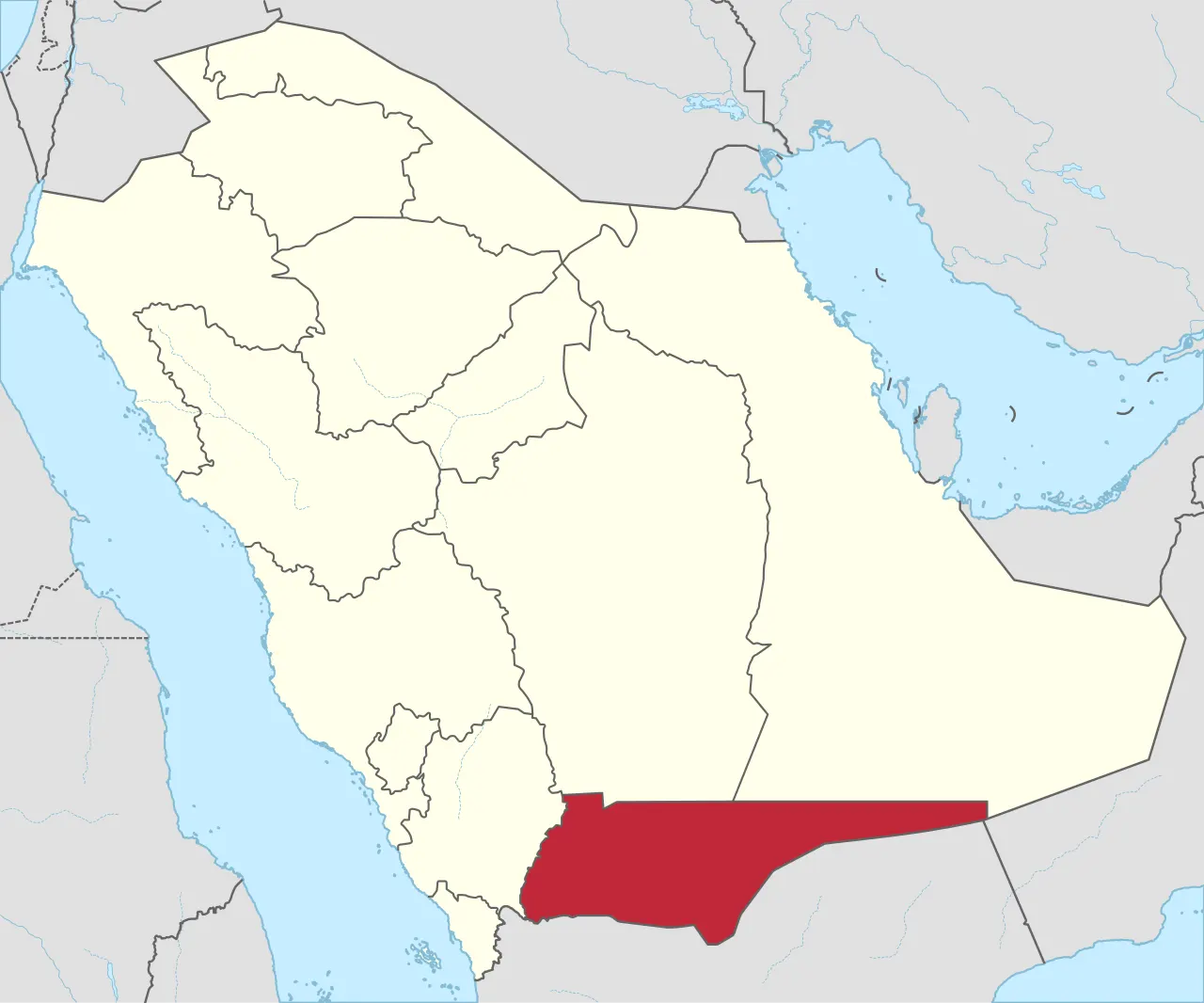 Mapa de Arabia Saudí con sus provincias delimitadas; la de Najrán, en el extremo sur y fronteriza con Yemen, aparece resaltada en rojo.