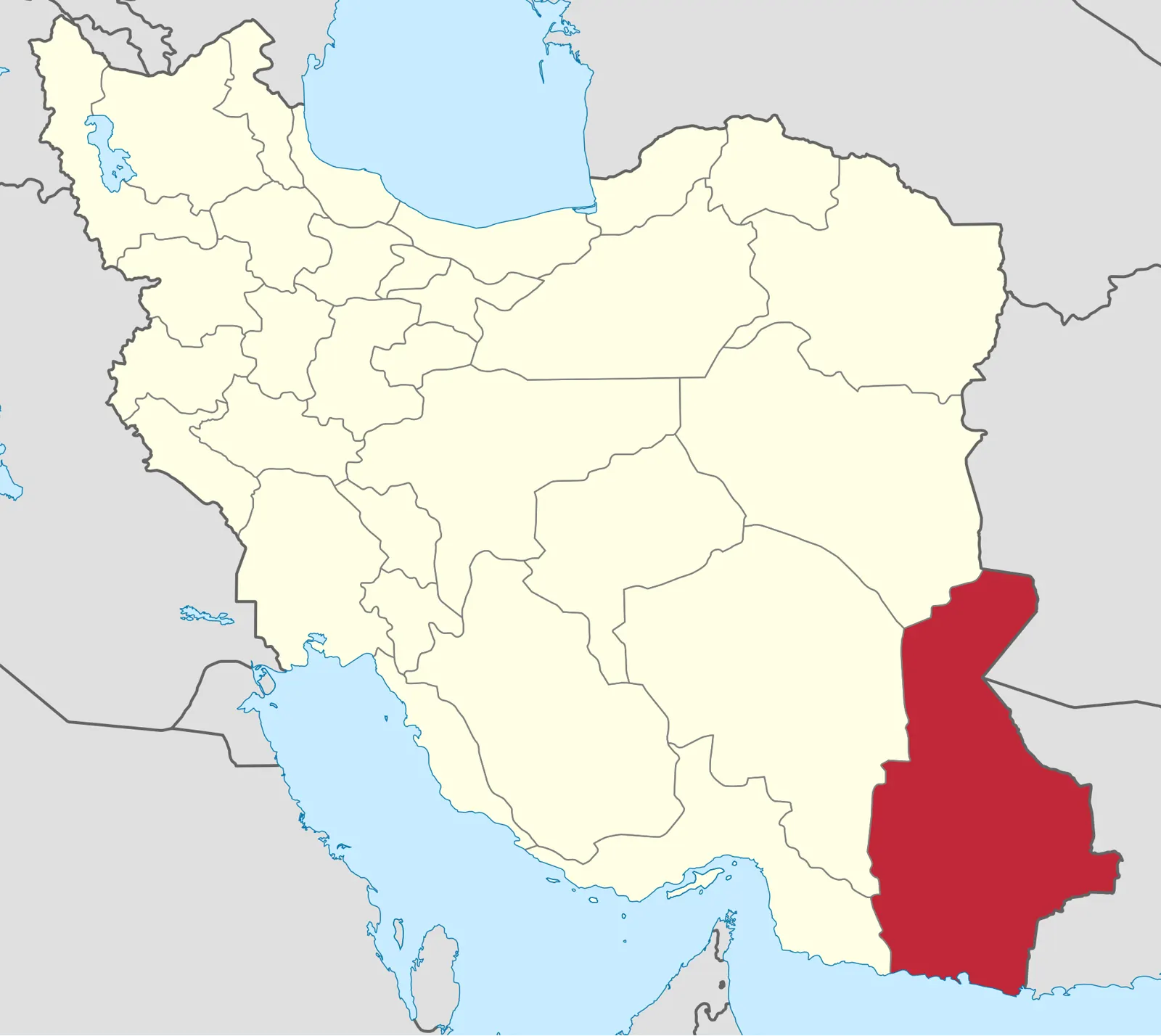Mapa de Irán dividido en provincias, con la provincia de Sistán y Baluchistán resaltada en rojo en el extremo sureste, junto a la frontera oriental y el golfo de Omán