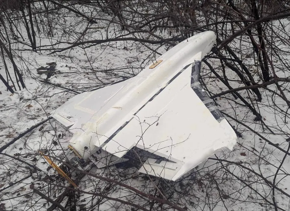 Dron militar blanco de ala delta, con la punta del morro partida, tendido boca arriba sobre un suelo nevado entre ramas secas.